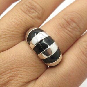 925 Sterling Silver Vintage Joseph Esposito Black Enamel Zebra Dome Ring Size 7